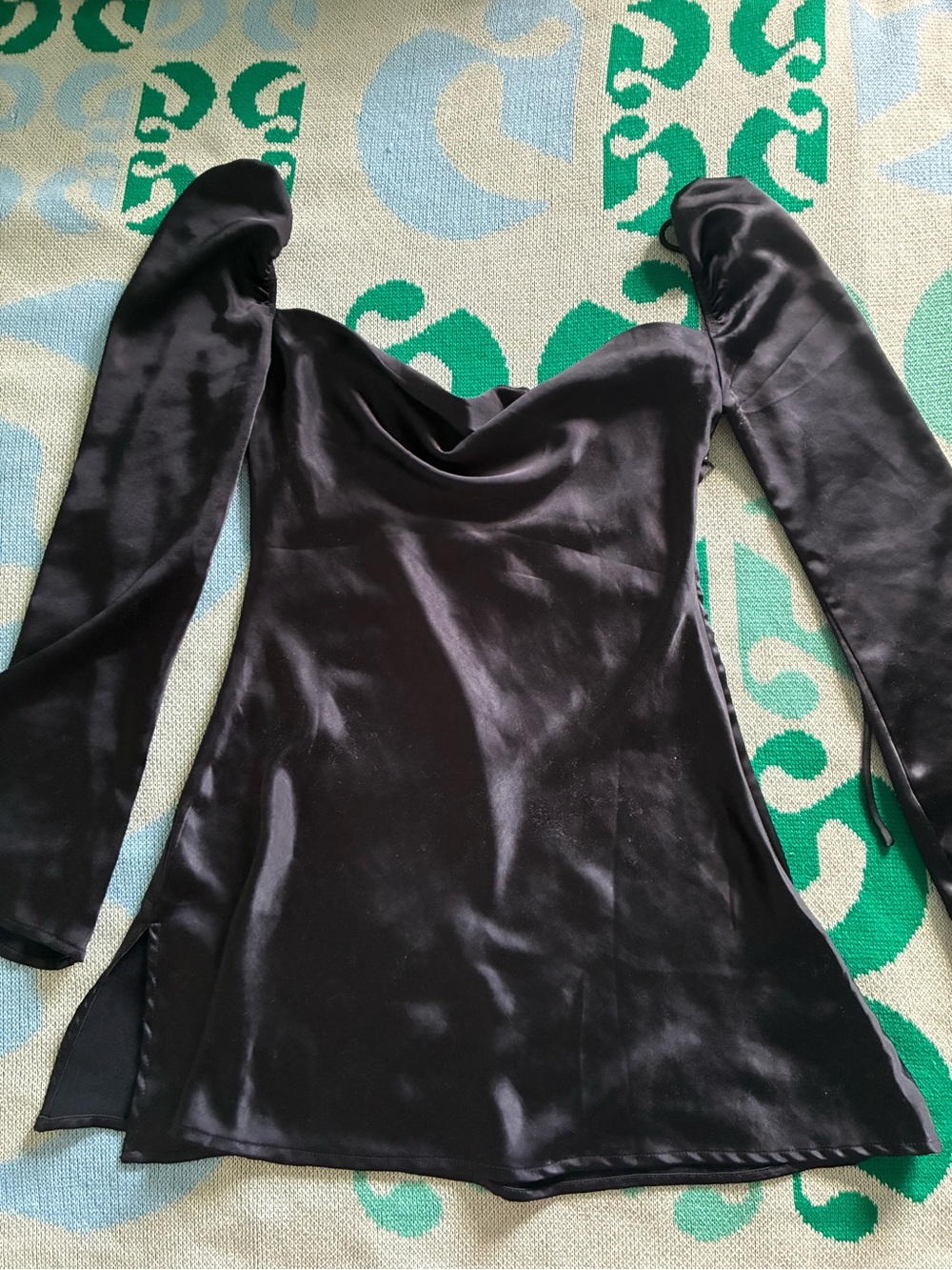 Beginning Boutique Black Satin Long-Sleeve Cowl Neck Dress